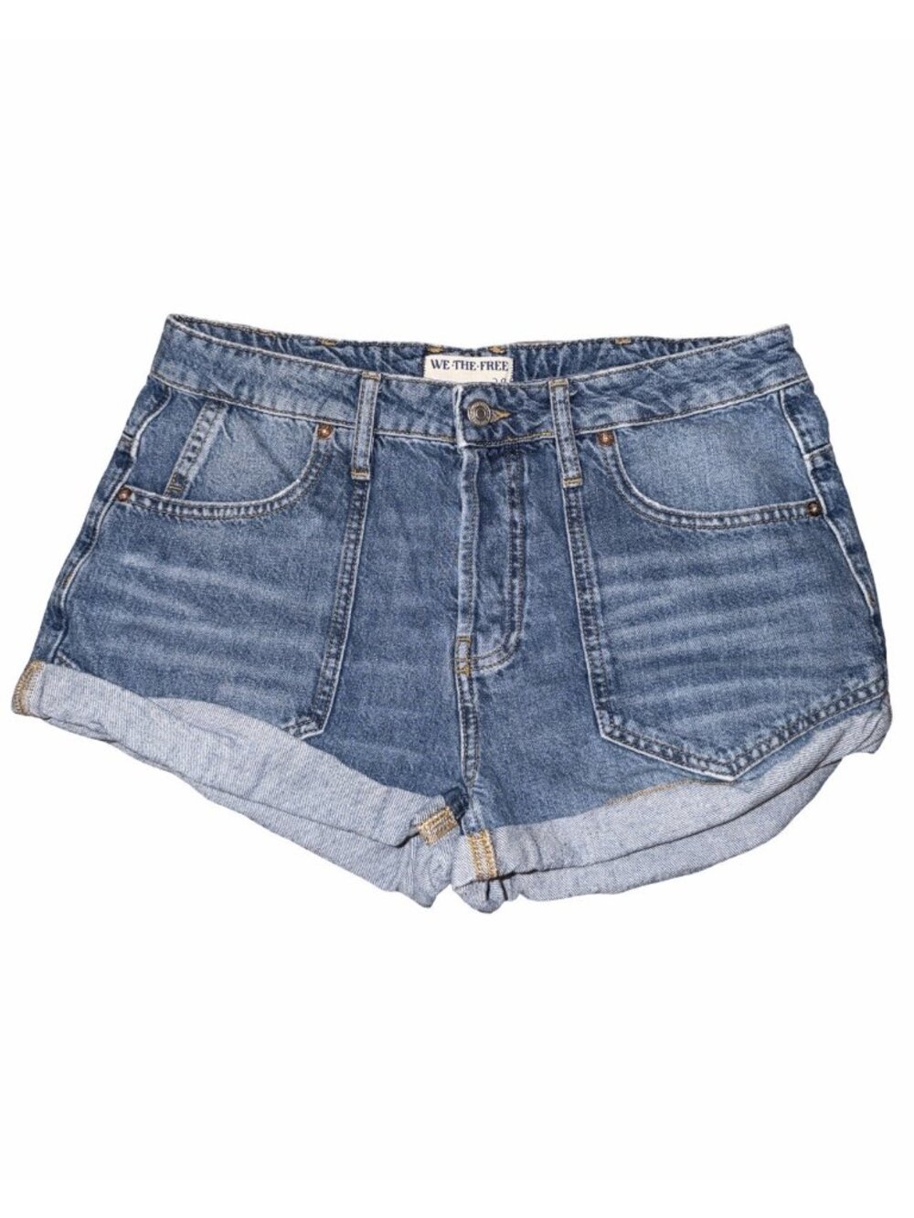 Free People We The Free Beginners Luck Button Fly Slouch Denim Shorts Blue Sz 28